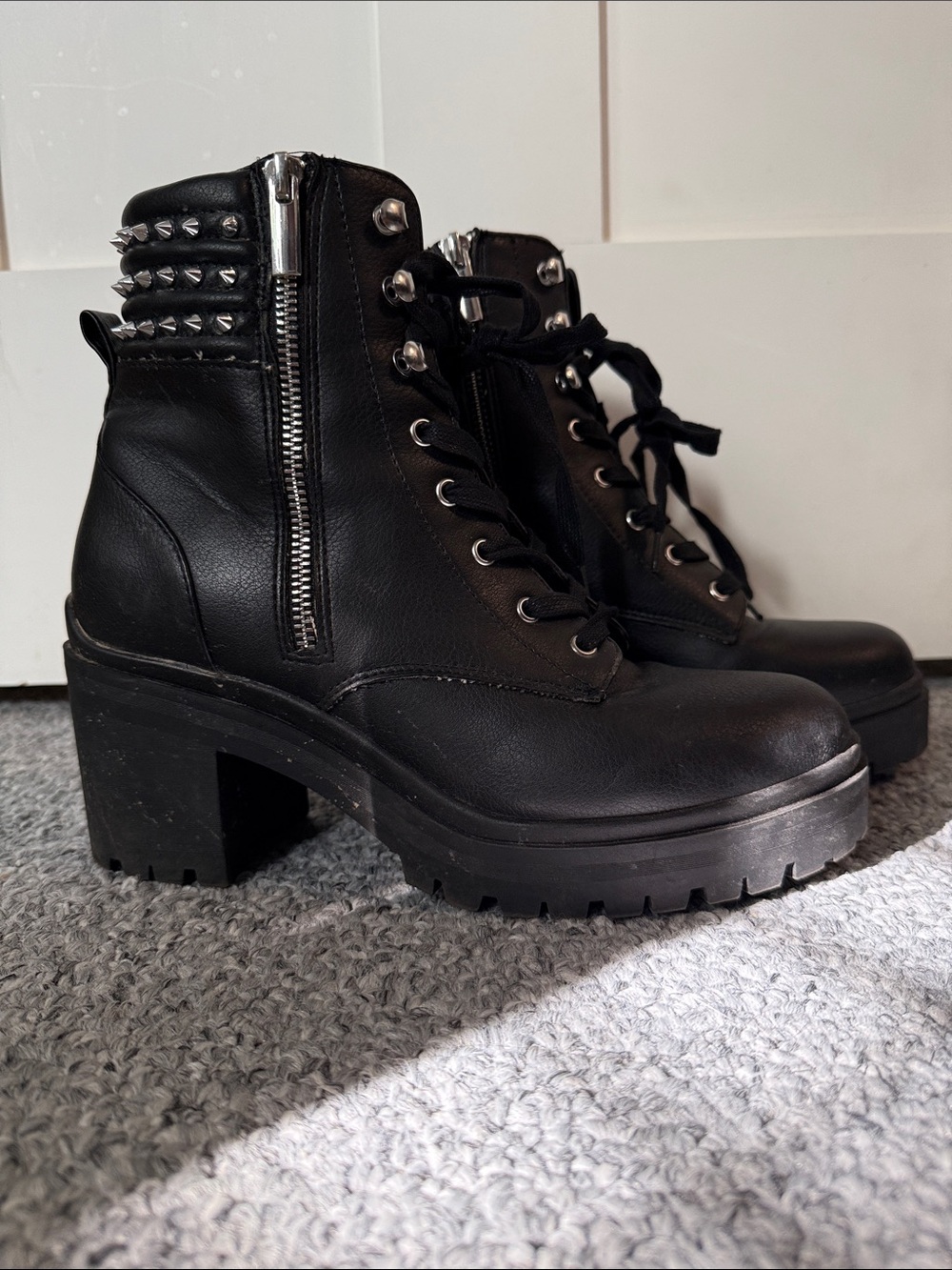 Steve Madden Black Studded Lug Heel Lace-Up Boots
